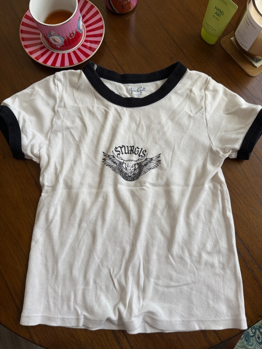 Brandy Melville White Ringer Tee with Black Trim and Sturgis Graphic
